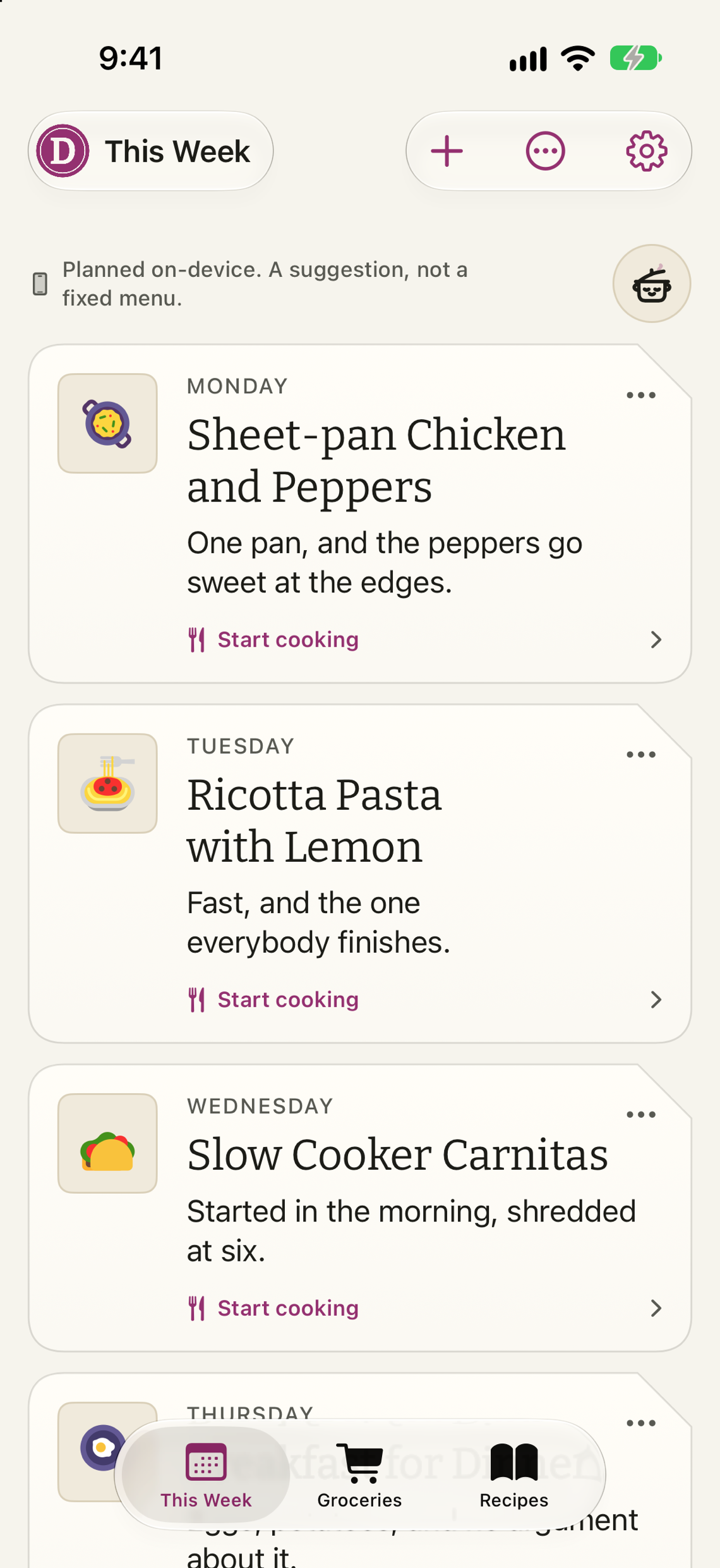 This Week in It's Dinnertime!: five dinners on cards, each with a short note and a Start cooking link