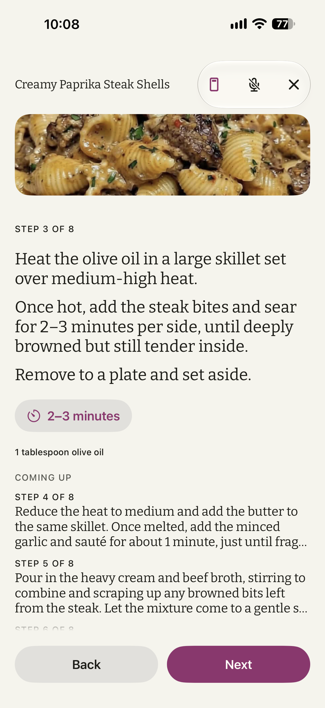 Cook-along: step 2 of 6 in large type, a five-minute timer, and what is coming up next