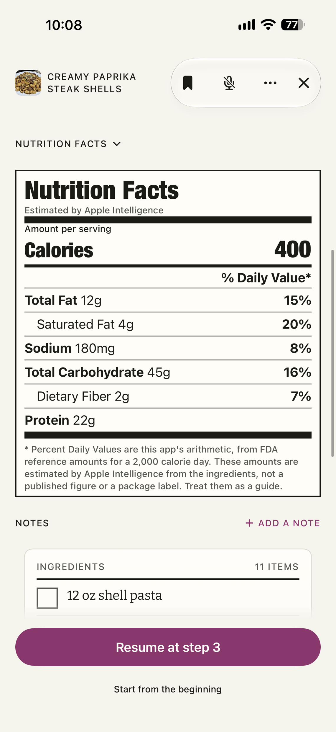 A recipe's Nutrition Facts panel, estimated on the phone