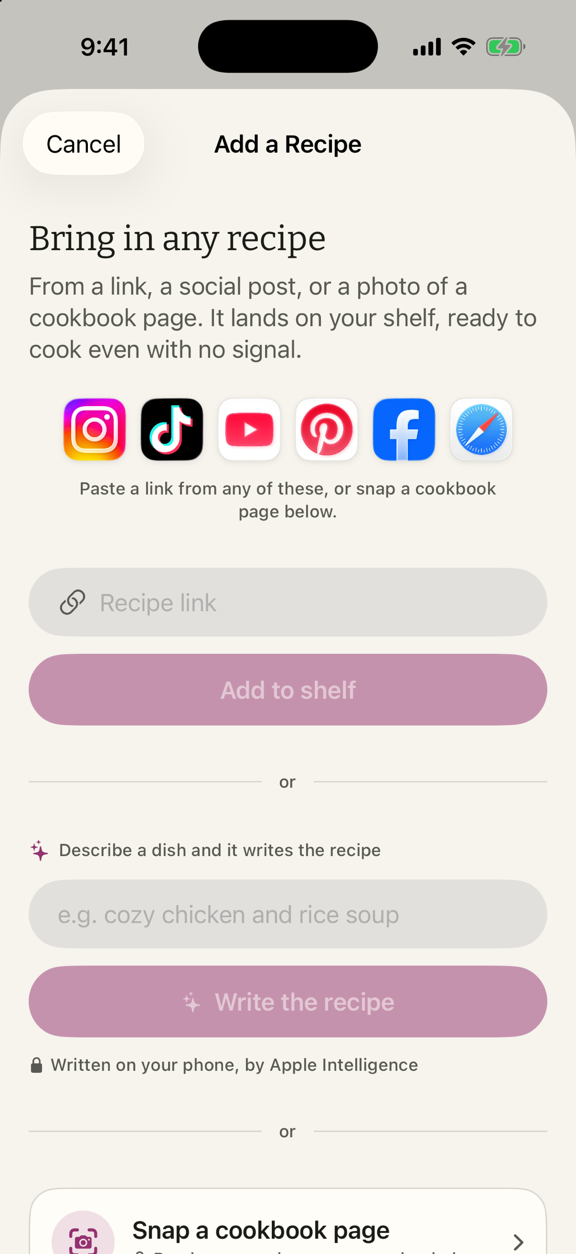 The Add a Recipe sheet: paste a link from Instagram, TikTok, YouTube, Pinterest, Facebook or Safari, have Apple Intelligence write a recipe on the phone, or snap a cookbook page