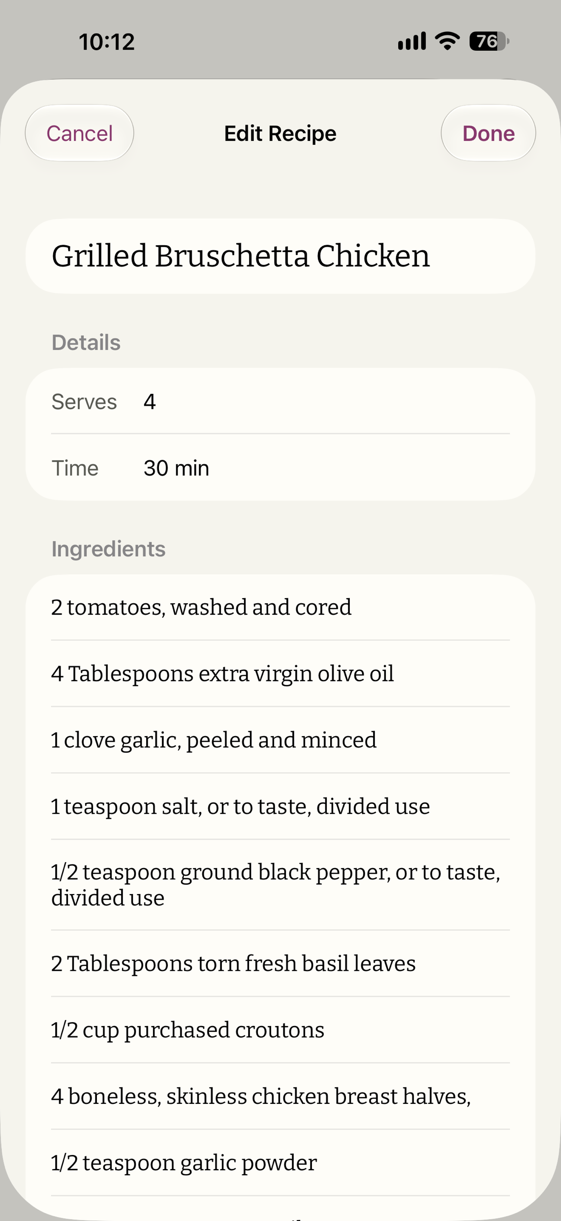 Editing a saved recipe: title, ingredients and steps in the system's own edit vocabulary