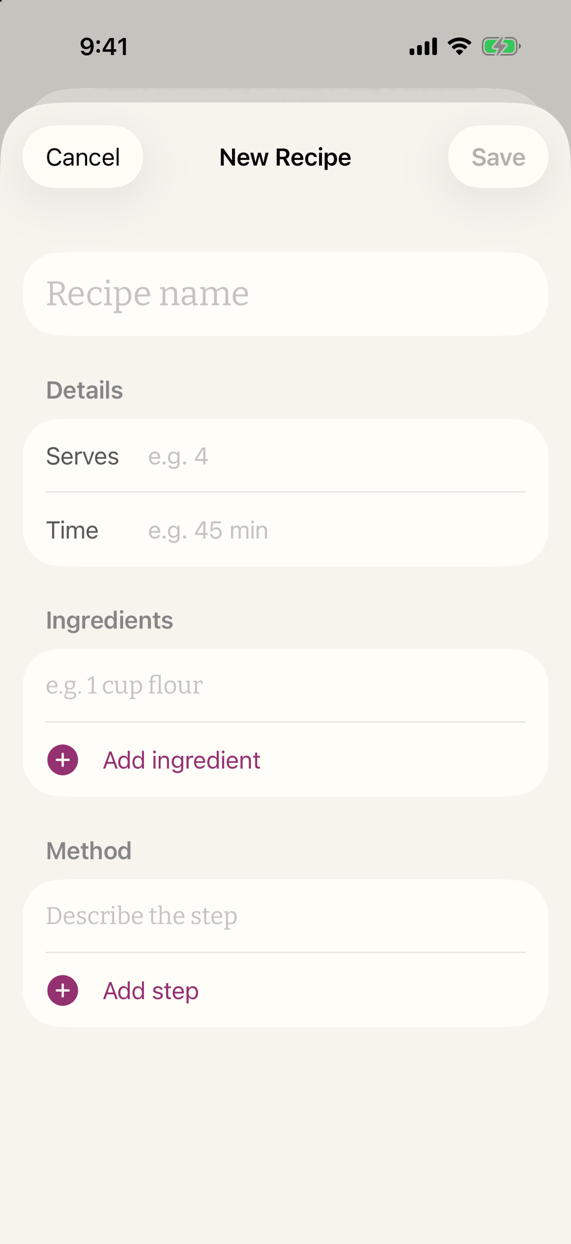 Writing a recipe down: name, serves, time, ingredients and method