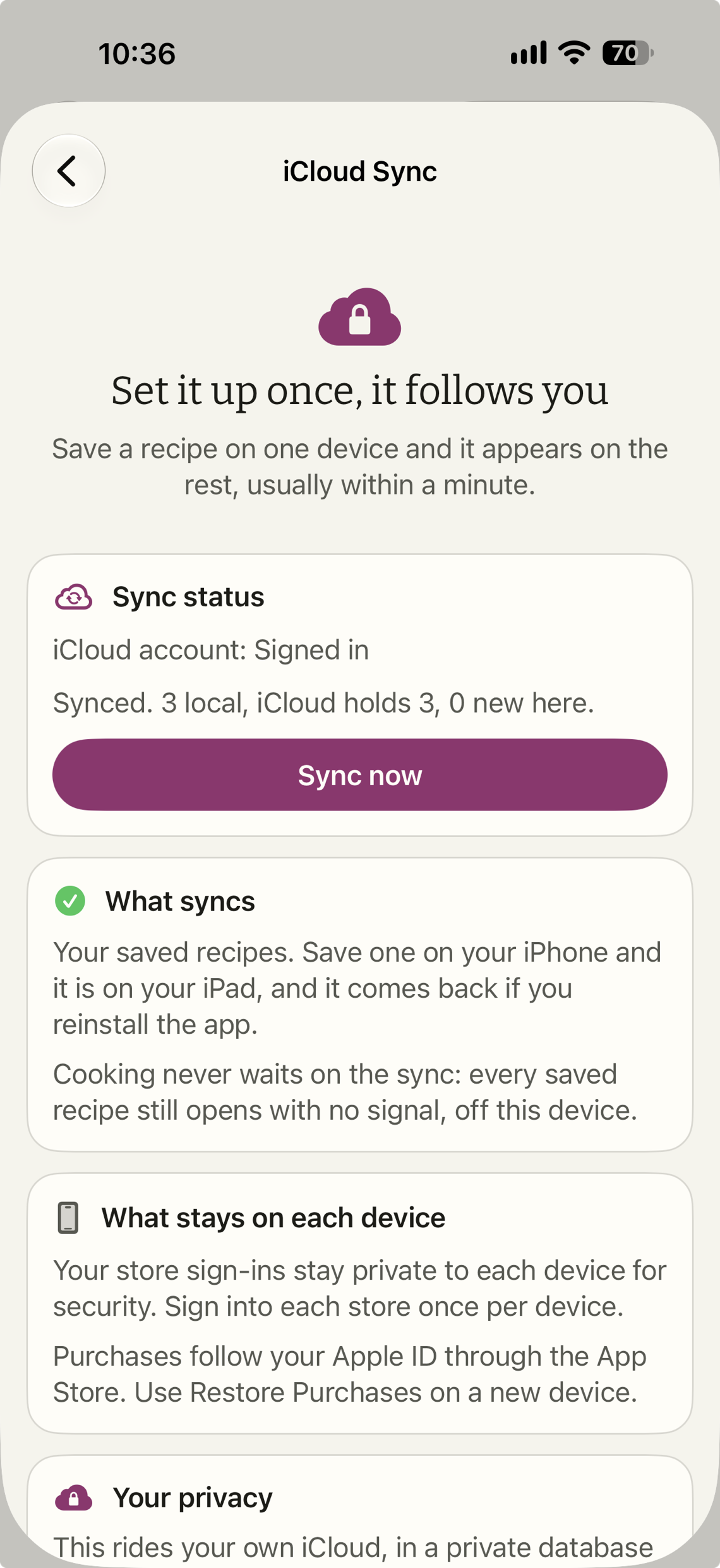 iCloud sync status: your recipes on all your devices