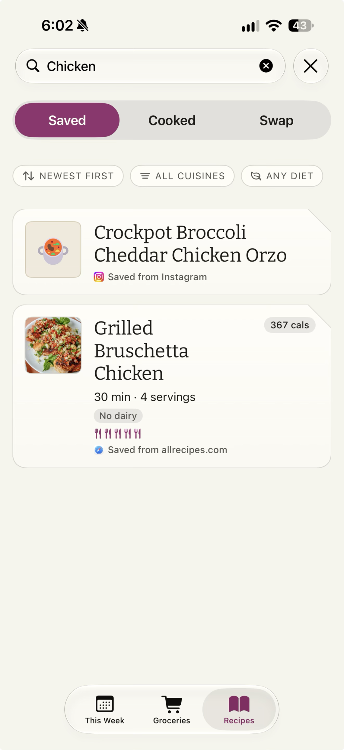 Searching the recipe shelf for chicken: two saved recipes found, one from Instagram and one from allrecipes.com, with the Saved, Cooked and Swap segments above