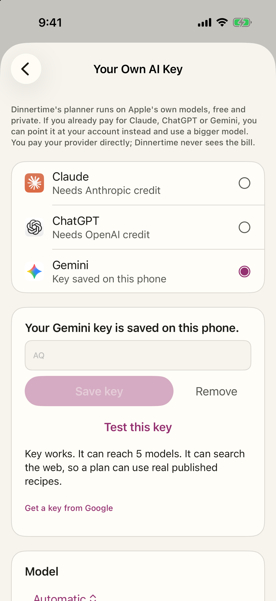 Your Own AI Key in Settings: choose Claude, ChatGPT or Gemini, paste your key, and read where your recipes go