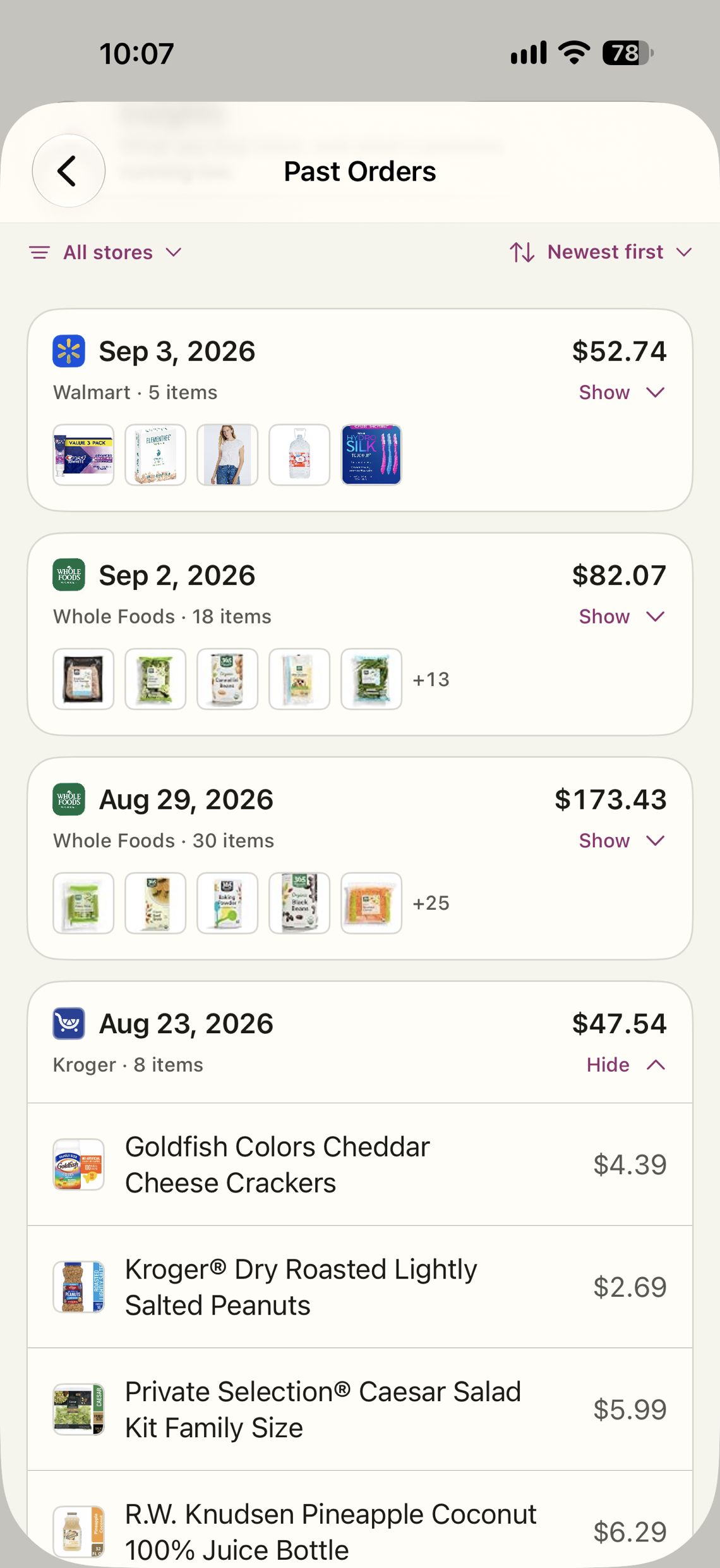 Past Orders: a Whole Foods order with its item pictures, and a Kroger order opened to show each product and what it cost