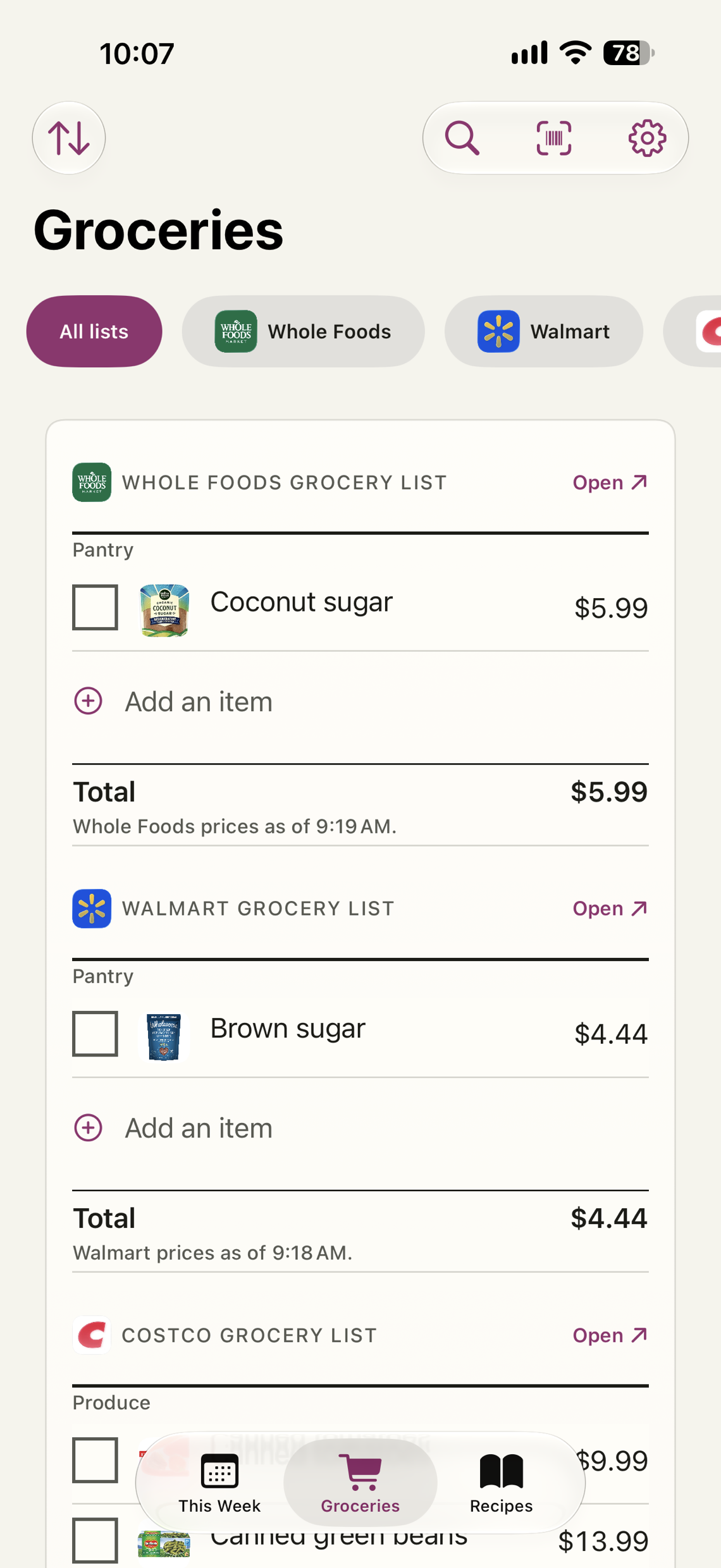 A grocery list priced by store: a Whole Foods list and a Walmart list, each item with its price, a total for the store, and the time the prices were read