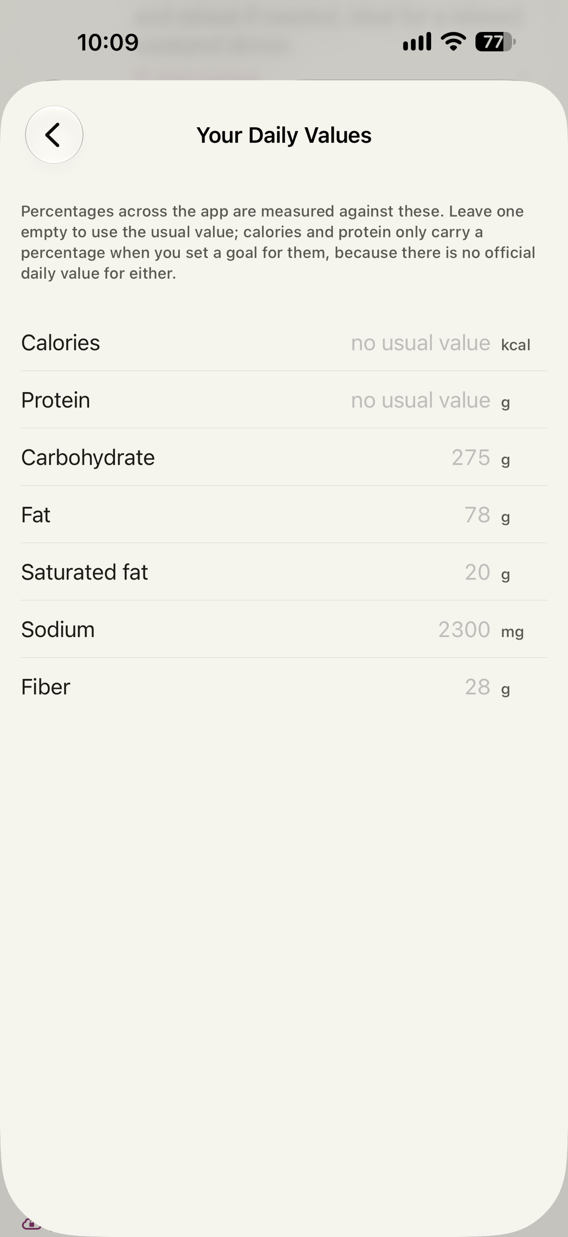 Your Daily Values: a goal for each nutrient in its own unit, the usual values as placeholders, and a protein goal of 100 grams set