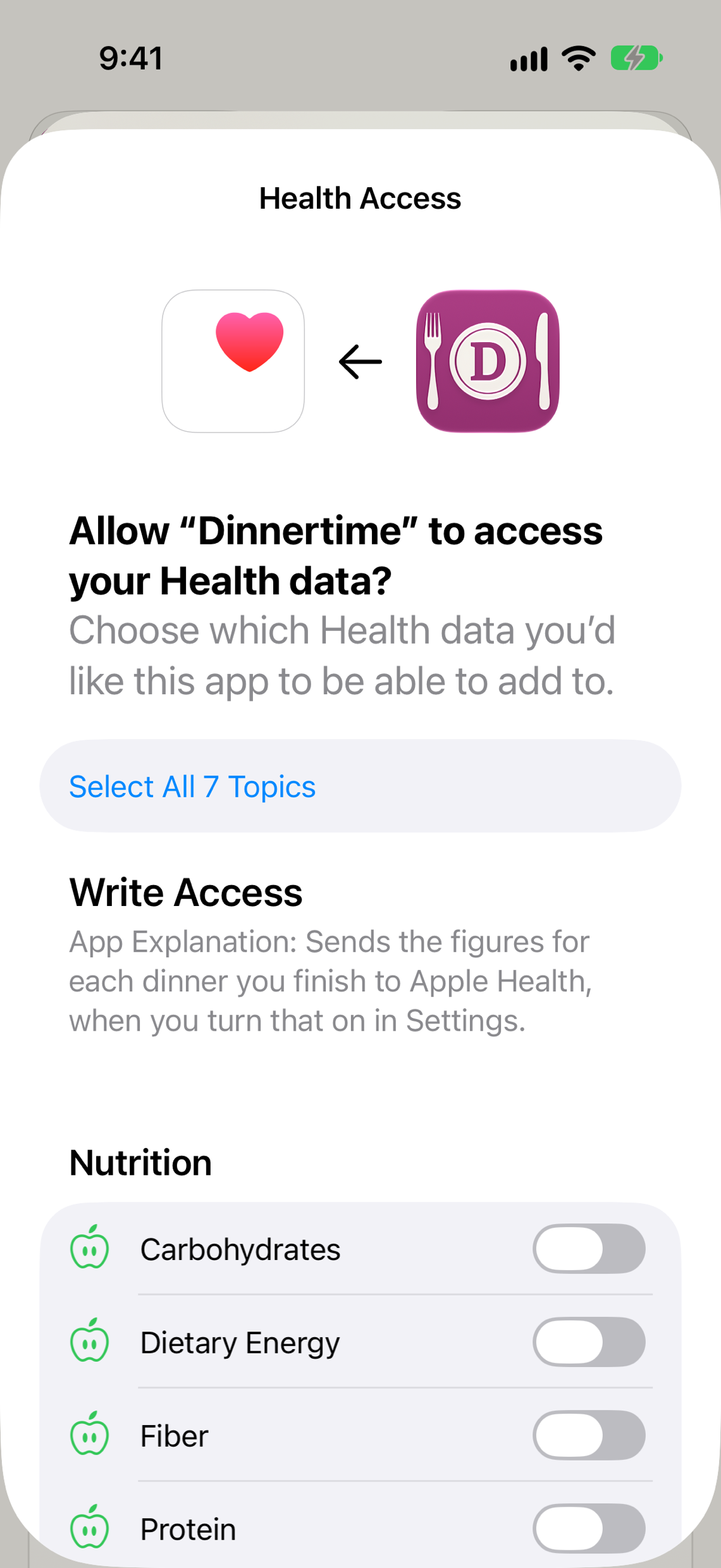 Apple's own Health app showing a cooked dinner's figures: dietary energy, protein, saturated fat and sodium, timestamped at the cook