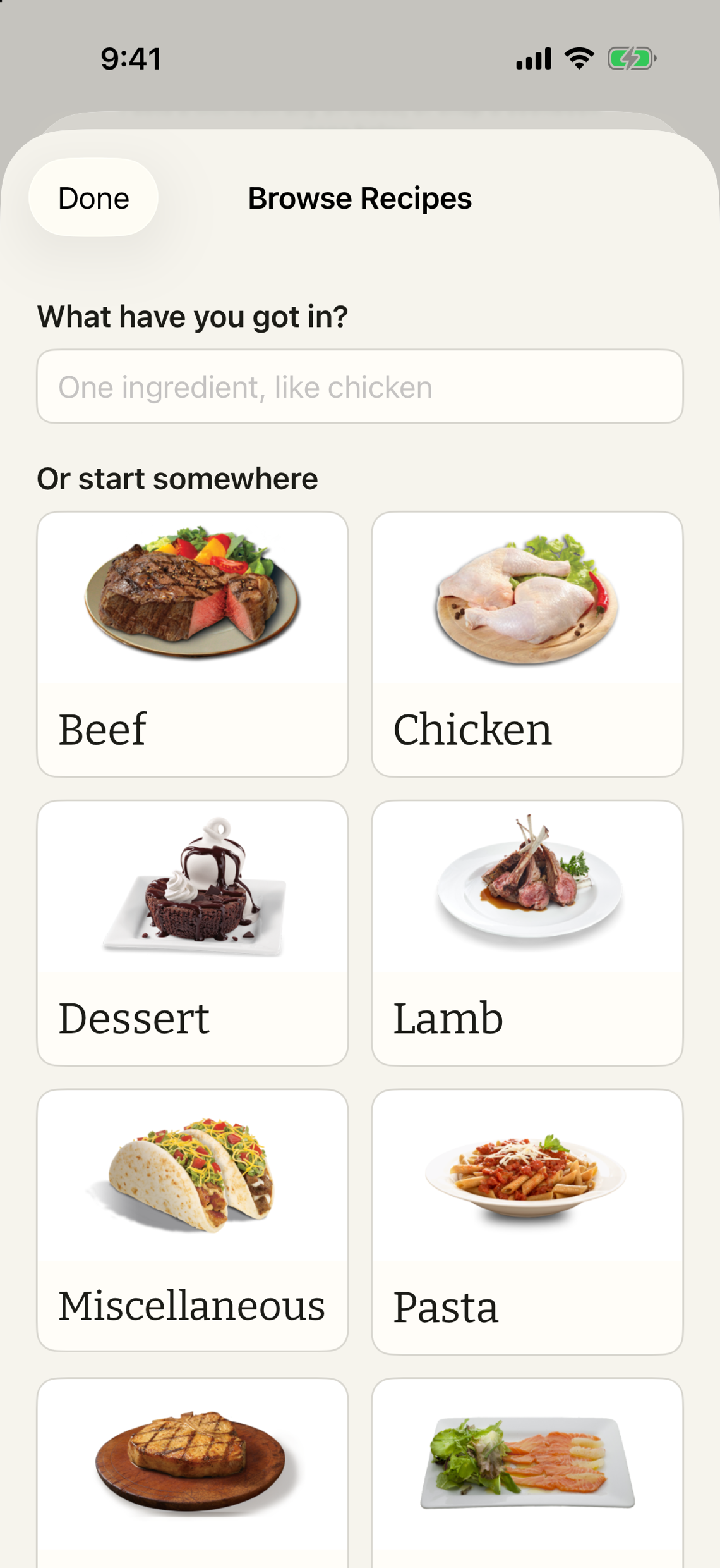 Browse Recipes: a field asking what you have got in, and a grid of categories to start from with a photograph on each