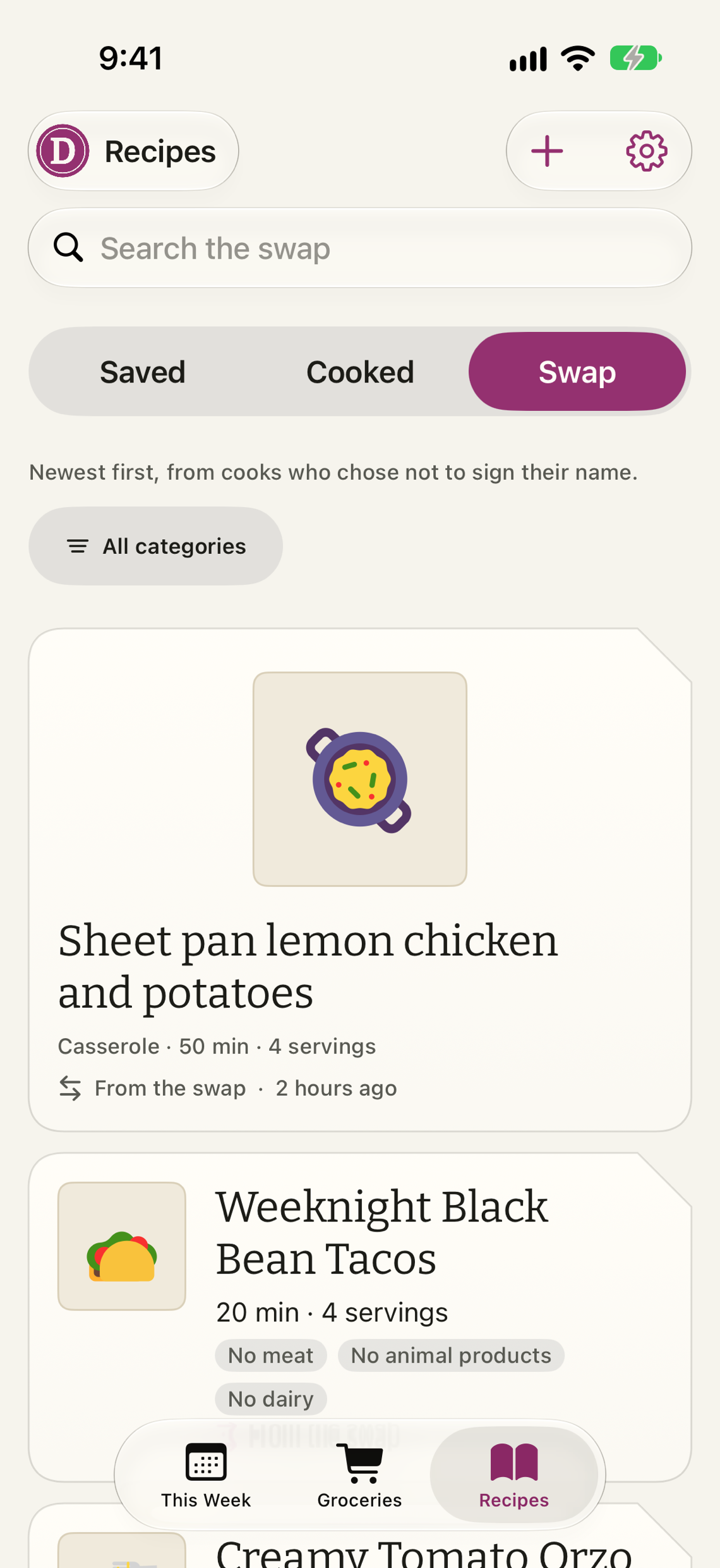 The Swap in the Recipes tab: a board of recipes from other cooks, newest first, none signed, each with its ingredients and steps count and how long ago it was shared