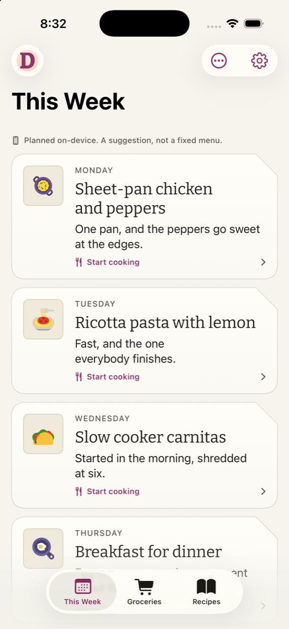 This Week in It's Dinnertime!: five dinners planned, each on its own card with a note and a Start cooking link