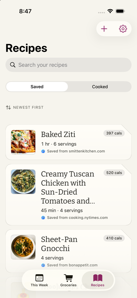 The Recipes shelf: saved dishes with photographs, cooking times, calories, and the site or app each came from