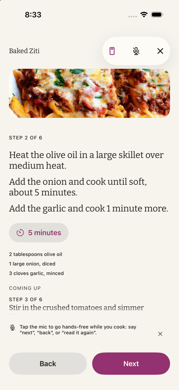 Cook-along: step 2 of 6 in large type, a five-minute timer, this step's ingredients, and what is coming up next