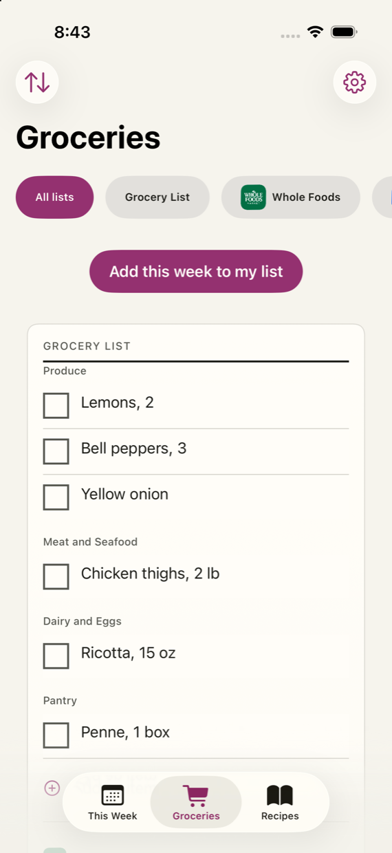 The grocery list: items grouped into Produce, Bakery, Meat and Seafood and Dairy and Eggs, each with a checkbox